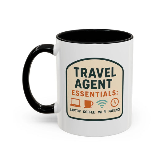 Travel Agent Essentials: Laptop • Coffee • Wi-Fi • Patience Mug 11oz & 15oz with Vibrant Colors (NOT PERSONALIZED)