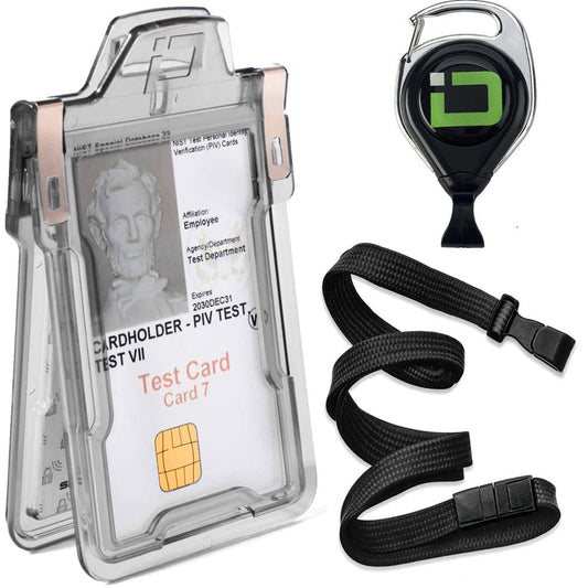 Secure Badge Holder Classic, Vertical 1 ID Card Holder, Retractable Reel, and Lanyard Bundle