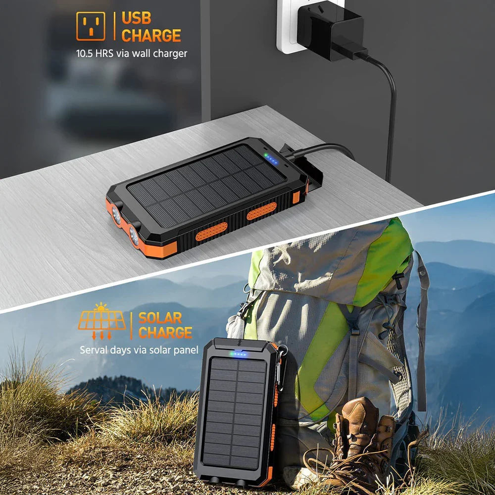 Solar Power Bank 20000mAh Portable Charger External Battery LED Light for Phones