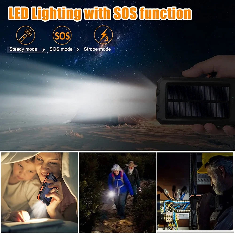 Solar Power Bank 20000mAh Portable Charger External Battery LED Light for Phones
