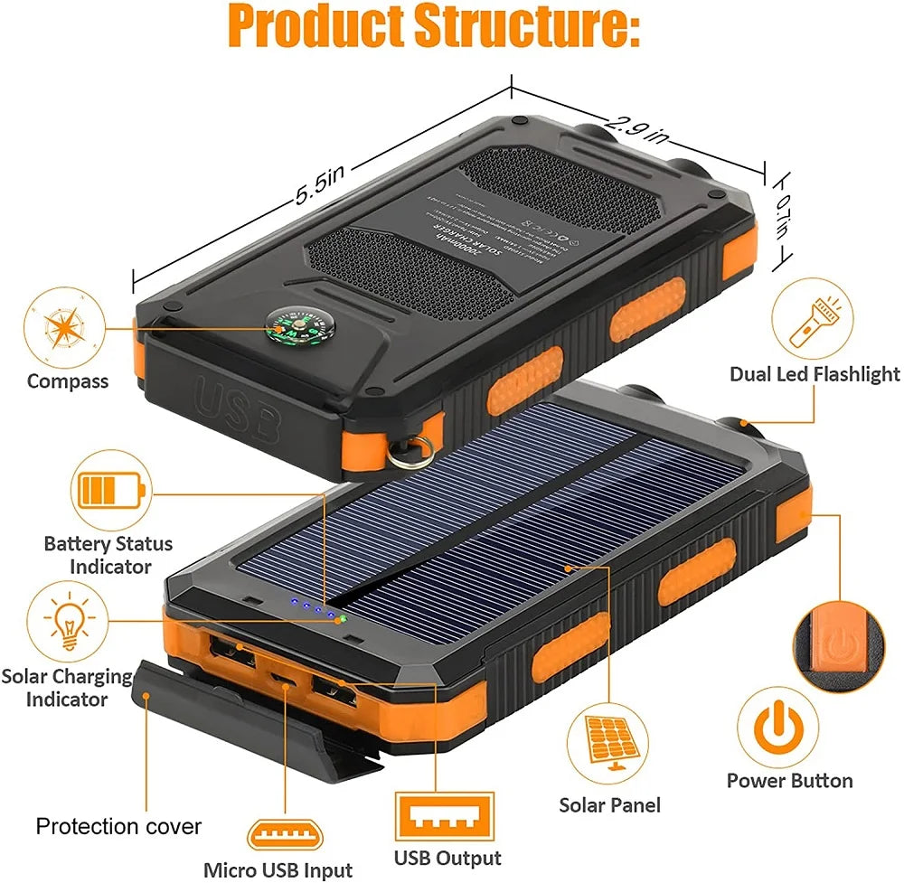 Solar Power Bank 20000mAh Portable Charger External Battery LED Light for Phones